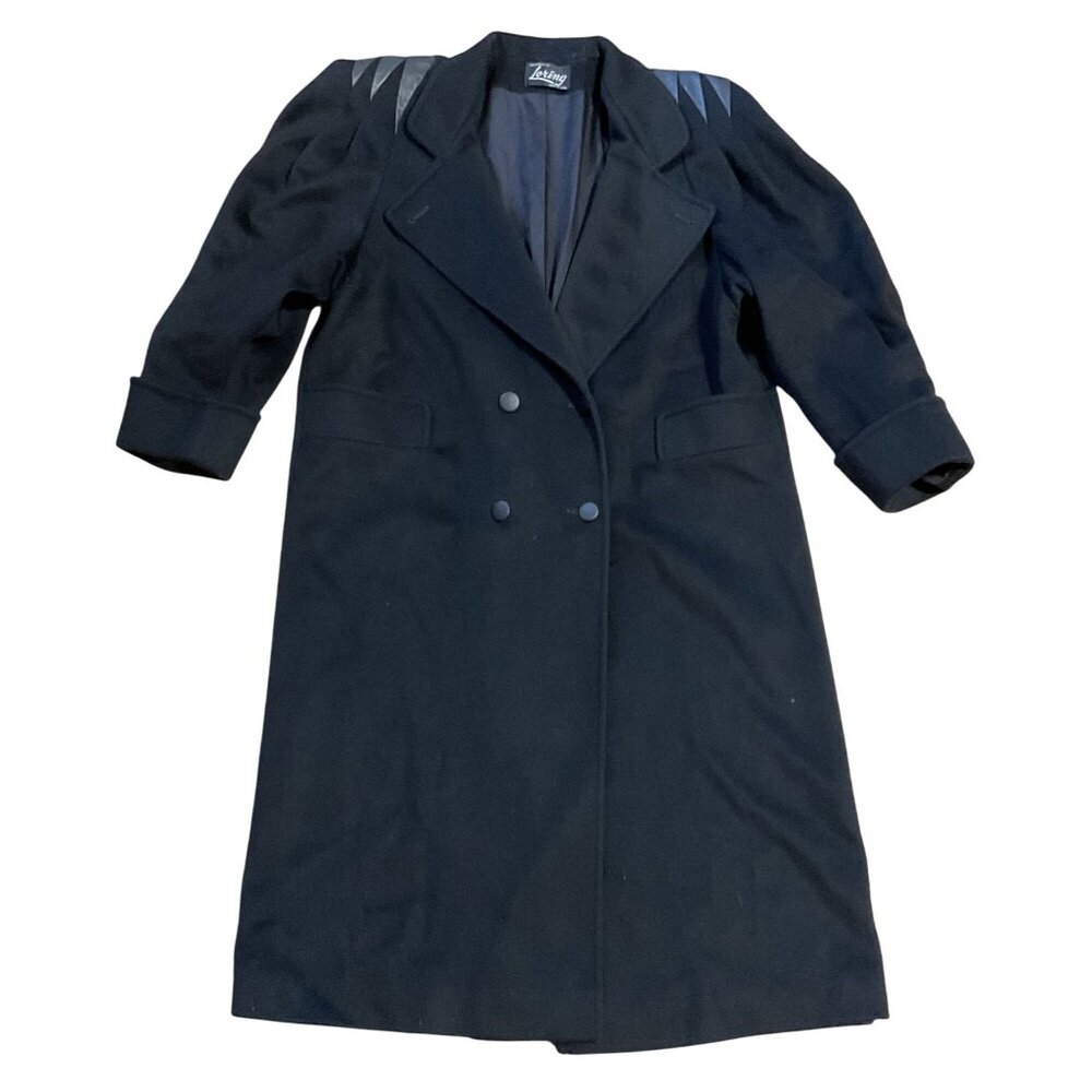 Vtg Loring Long Wool Black Overcoat Sz L Leather Accents Lined Double Breasted